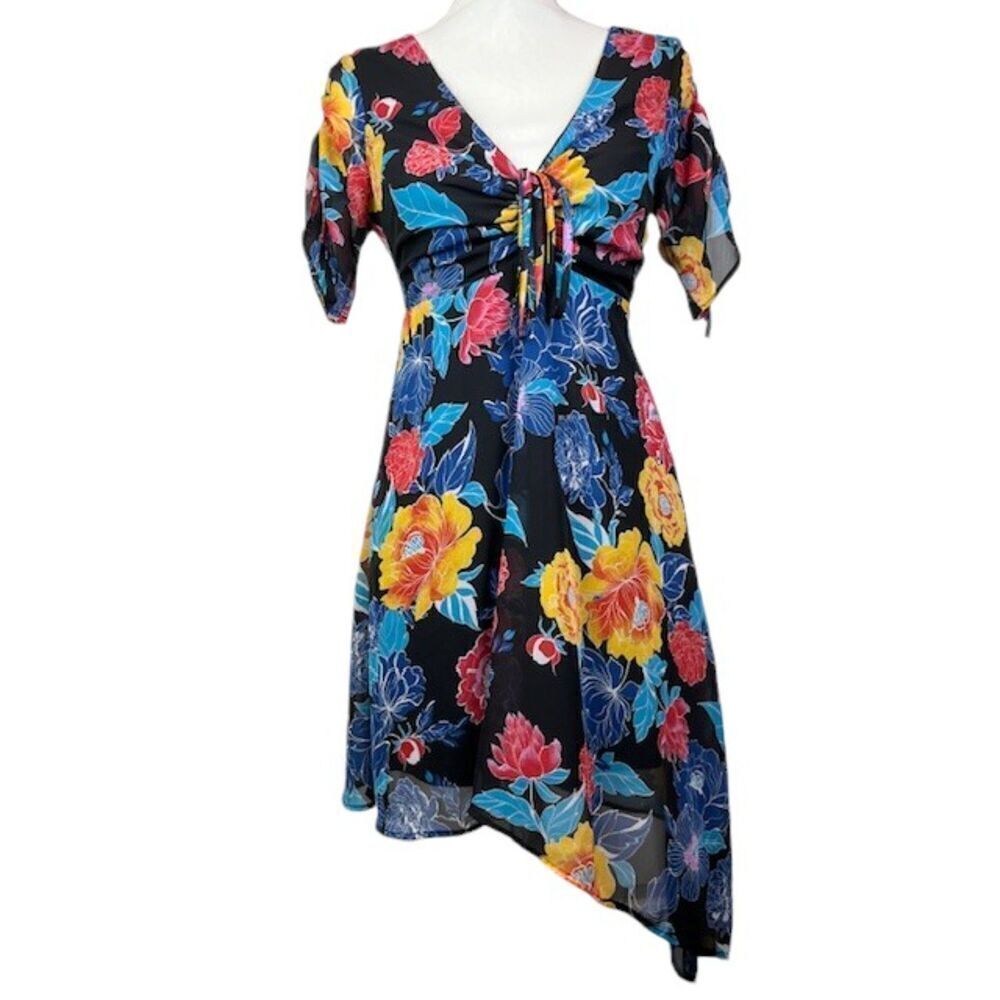 Slate & Willow Black Floral Asymmetric Hem Chiffon Dress Blue Yellow Size Small
